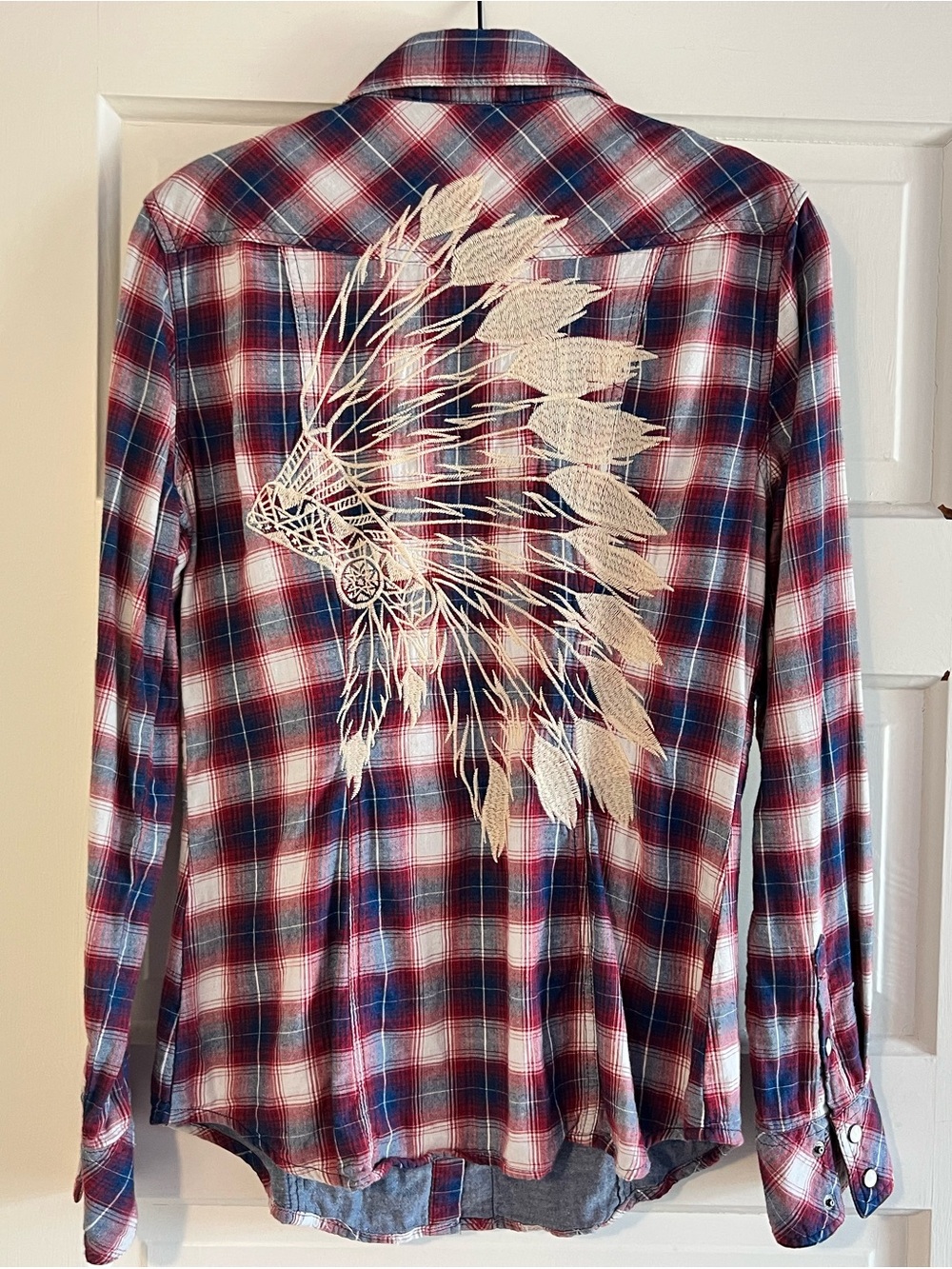 Rock & Roll Cowgirl Red Blue White Plaid Button-Down with Embroidered Headdress